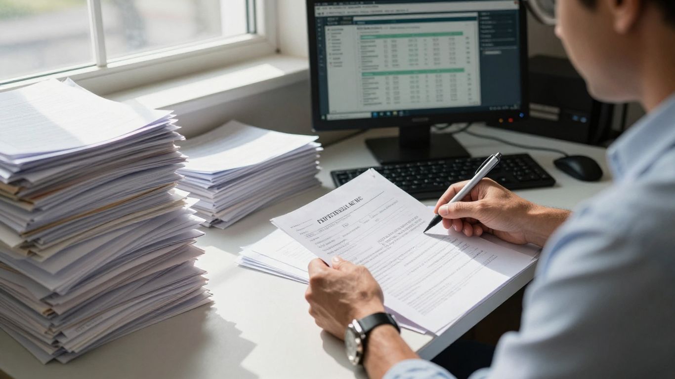 Tax preparer working with documents in Fayetteville, NC.