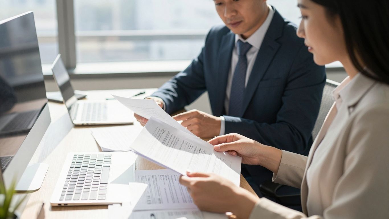 Tax accountant helping a client with financial documents.