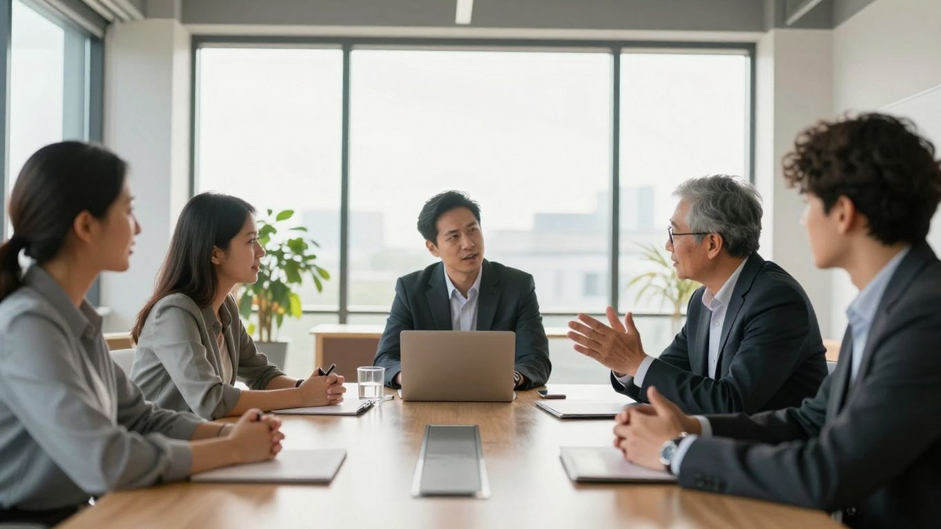 Business professionals collaborating in a modern office.