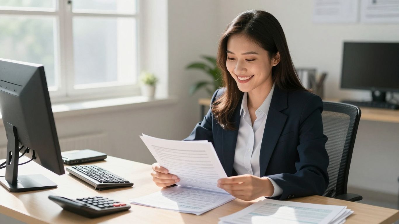 Tax preparer reviewing documents for 2026 filing.