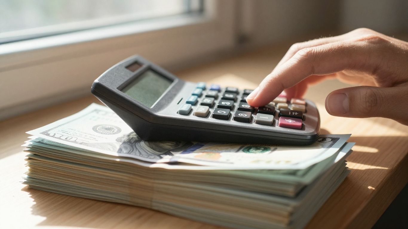 Business accounting success with money and calculator.