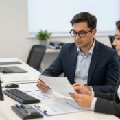 Professional CPA reviewing financial documents with a Schaumburg small business owner in a bright office