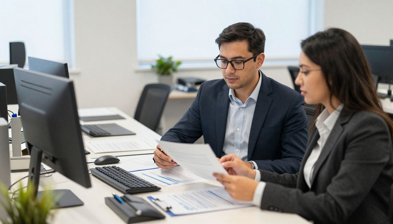 Professional CPA reviewing financial documents with a Schaumburg small business owner in a bright office